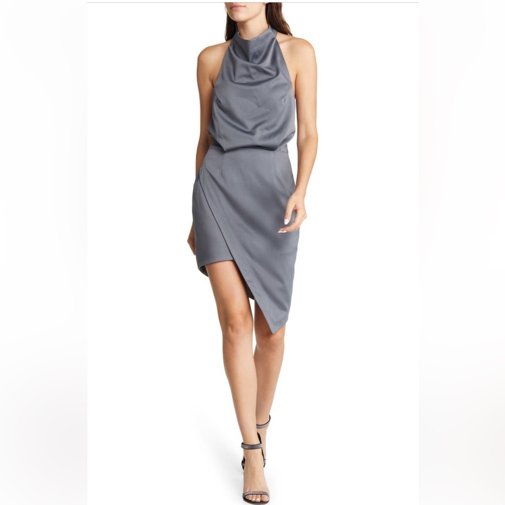 Elliat Camo Asymmetric Satin Cocktail Dress Blue